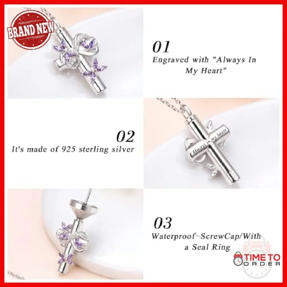 Sterling Silver Butterfly Cross Urn Necklace for Ashes Memorial Jewelry